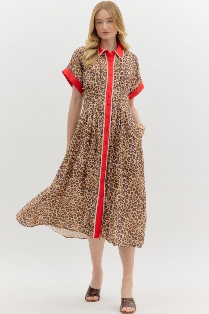 JULIET LEOPARD & RED TRIM MIDI DRESS