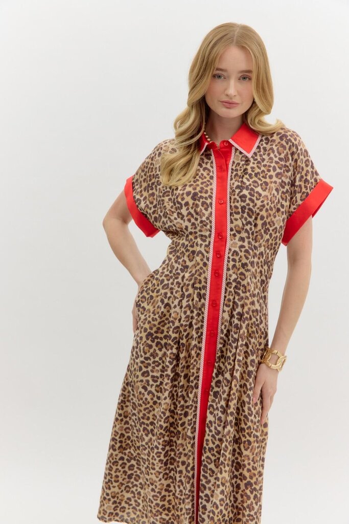 JULIET LEOPARD & RED TRIM MIDI DRESS