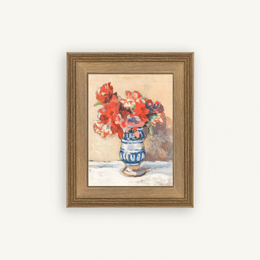 RED FLOWERS IN A BLUE VASE 8X10 FRAMED ART