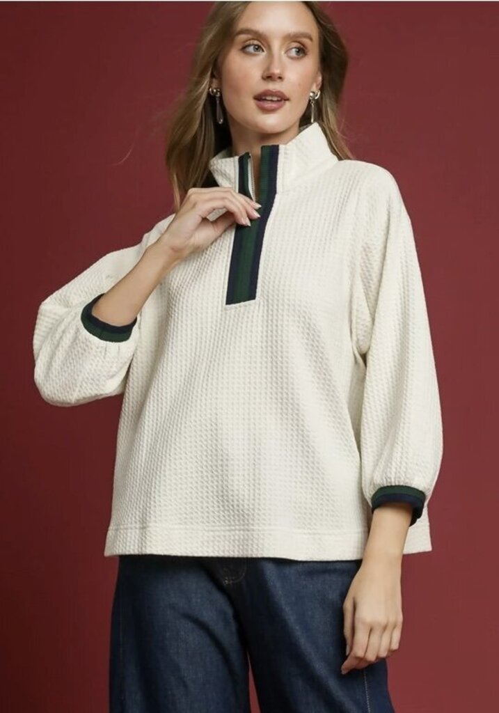MATILDA ECRU WAFFLE KNIT PULLOVER WITH STRIPED BAND