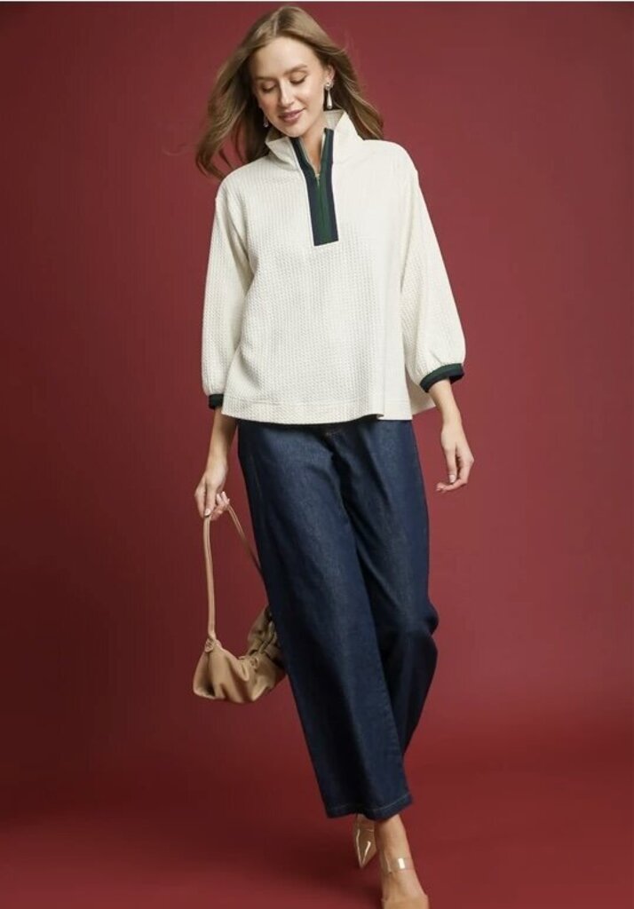 MATILDA ECRU WAFFLE KNIT PULLOVER WITH STRIPED BAND