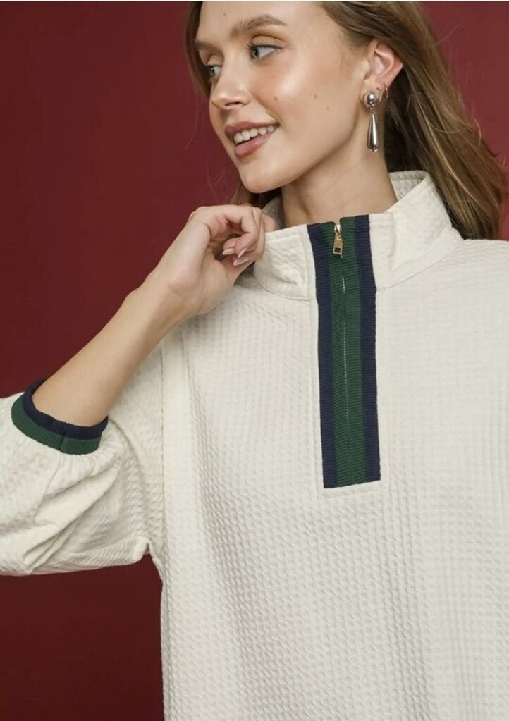 MATILDA ECRU WAFFLE KNIT PULLOVER WITH STRIPED BAND