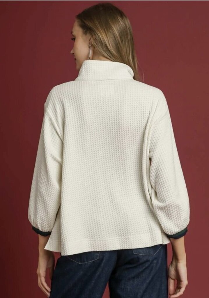 MATILDA ECRU WAFFLE KNIT PULLOVER WITH STRIPED BAND