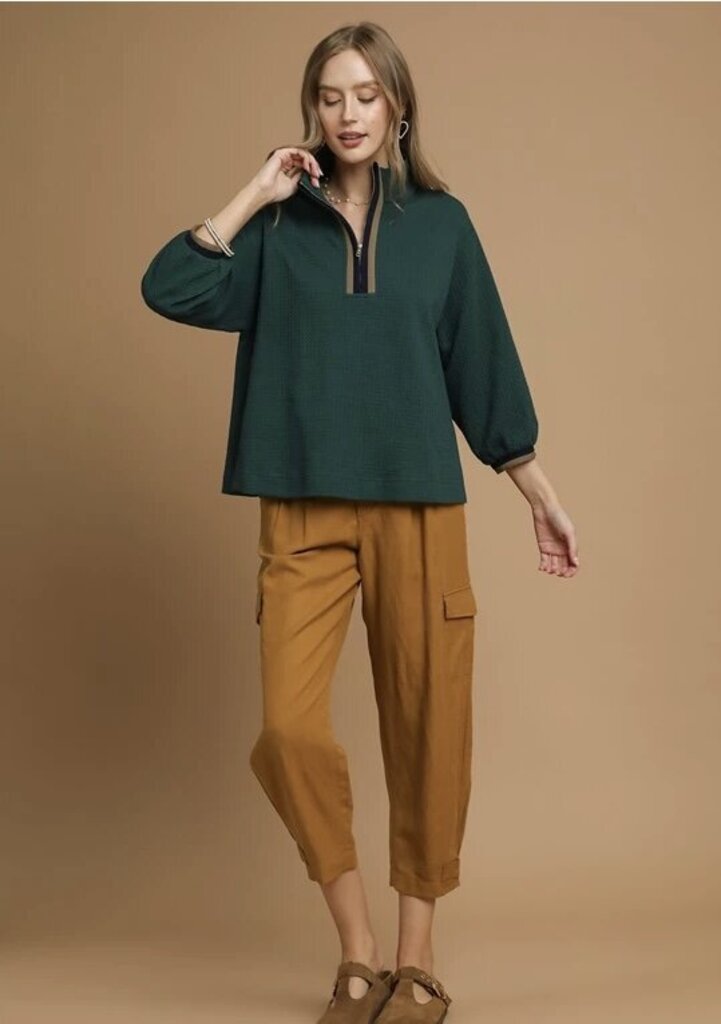 MATILDA GREEN WAFFLE KNIT PULLOVER WITH STRIPED BAND