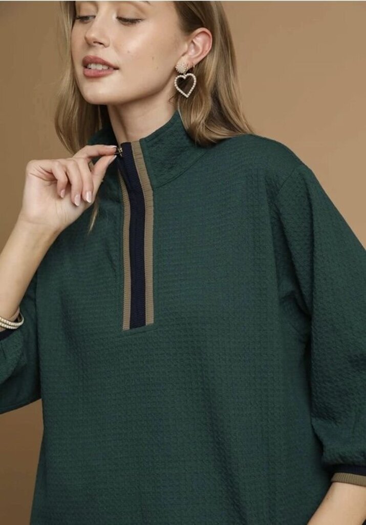 MATILDA GREEN WAFFLE KNIT PULLOVER WITH STRIPED BAND