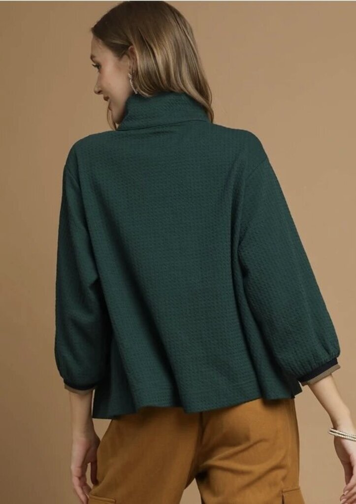 MATILDA GREEN WAFFLE KNIT PULLOVER WITH STRIPED BAND