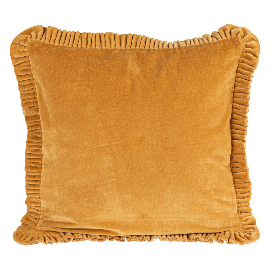 20" SQUARE MUSTARD VELVET PILLOW WITH RUFFLED TRIM