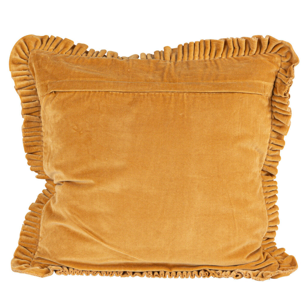20" SQUARE MUSTARD VELVET PILLOW WITH RUFFLED TRIM