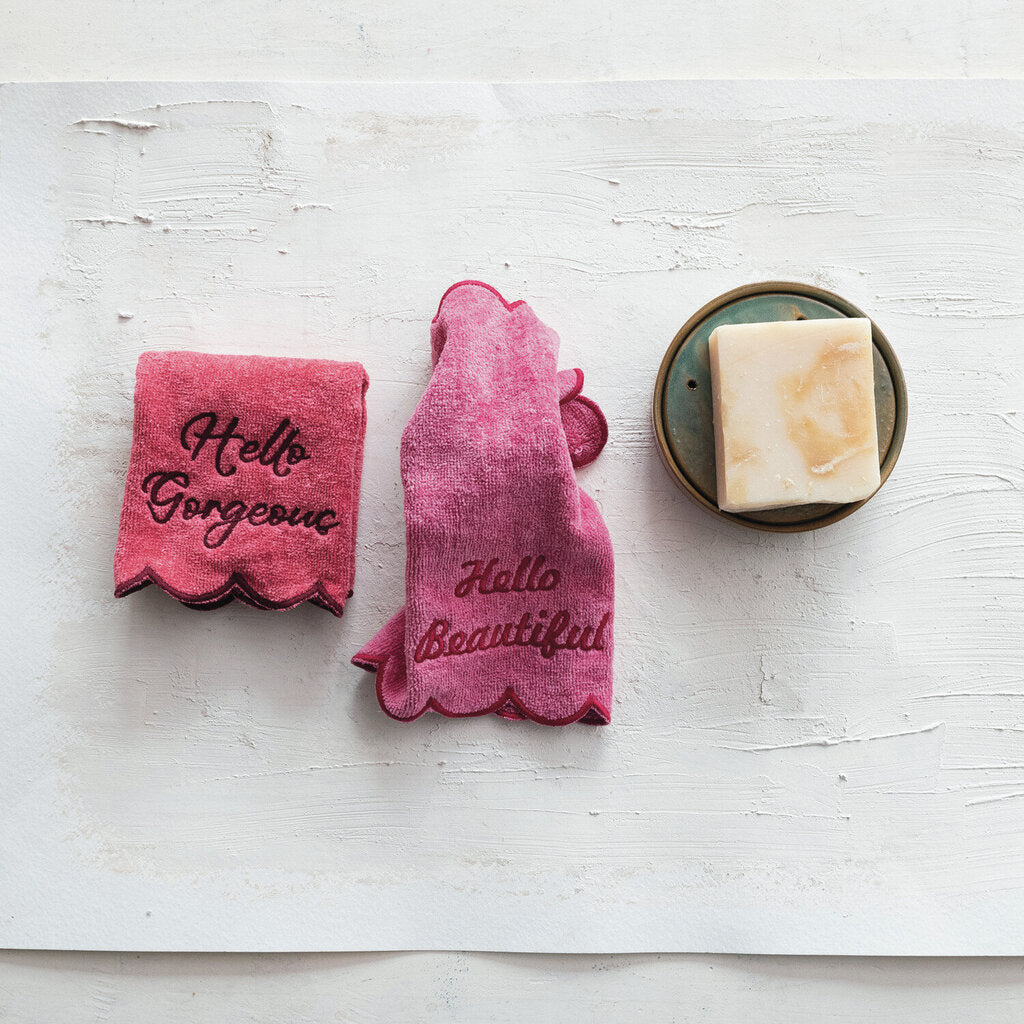 SET OF PINK TERRY WASHCLOTHS WITH SAYINGS