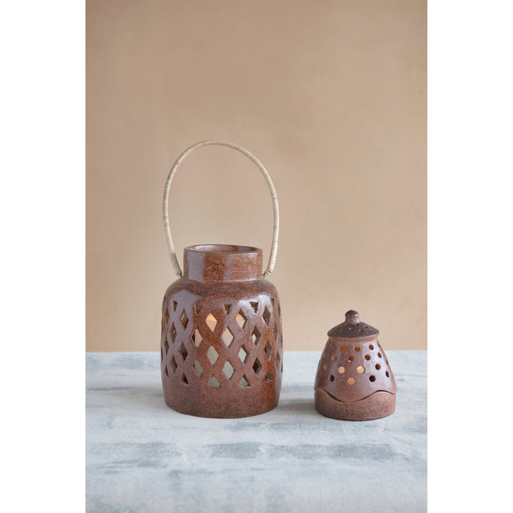 HANDMADE TERRA COTTA LANTERN WITH RATTAN HANDLE