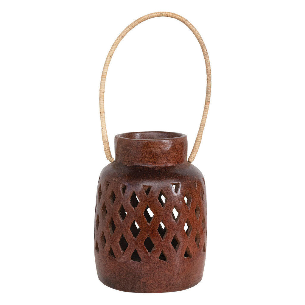 HANDMADE TERRA COTTA LANTERN WITH RATTAN HANDLE