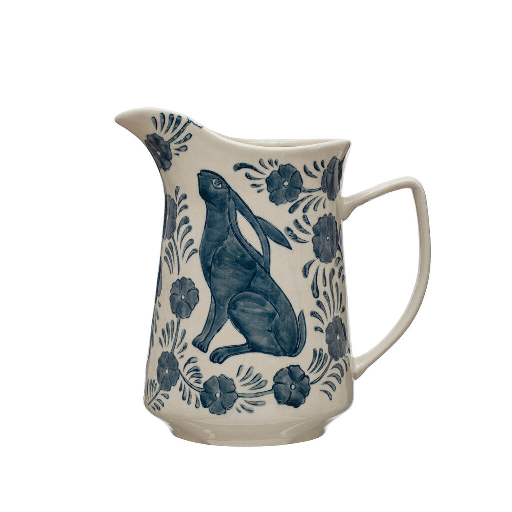 RABBIT FLORAL STONEWARE PITCHER