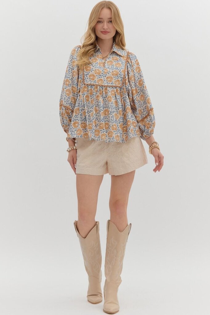 LEONA CAMEL & BLUE FLORAL PRINT TOP