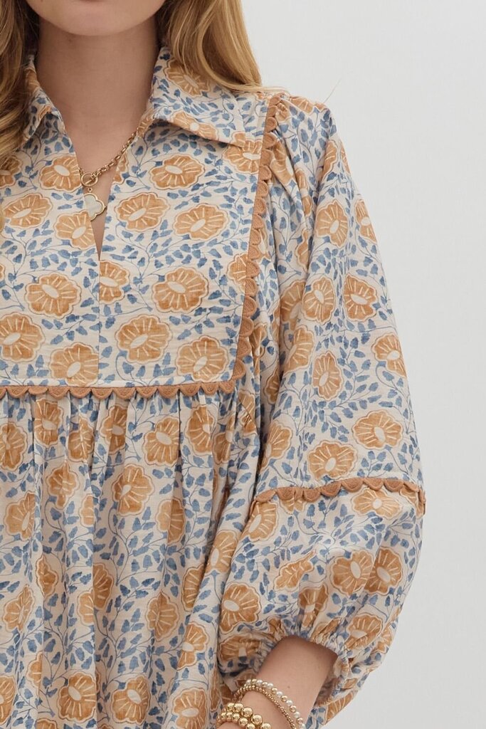 LEONA CAMEL & BLUE FLORAL PRINT TOP