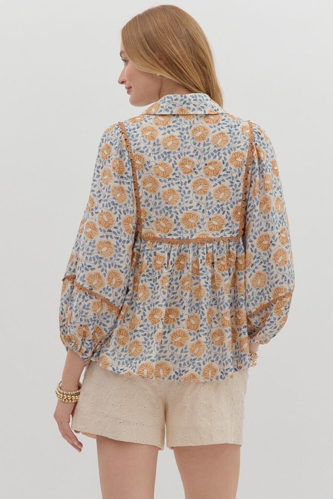 LEONA CAMEL & BLUE FLORAL PRINT TOP