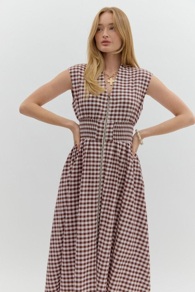 ESTELLA CHOCOLATE GINGHAM MIDIDRESS
