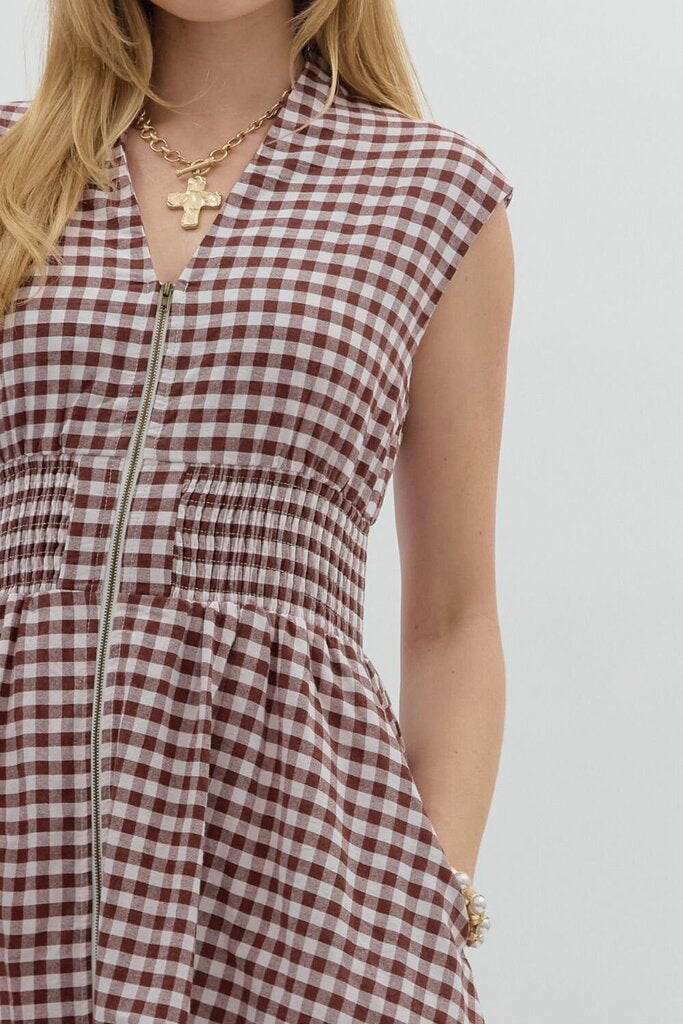 ESTELLA CHOCOLATE GINGHAM MIDIDRESS