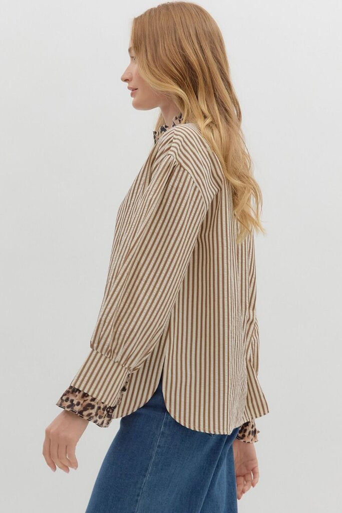 FERNANDA BROWN STRIPED TOP WITH LEOPARD TRIM