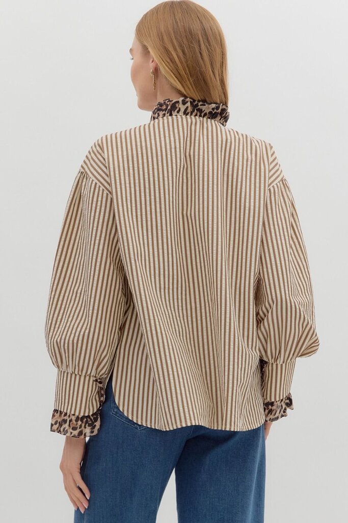 FERNANDA BROWN STRIPED TOP WITH LEOPARD TRIM
