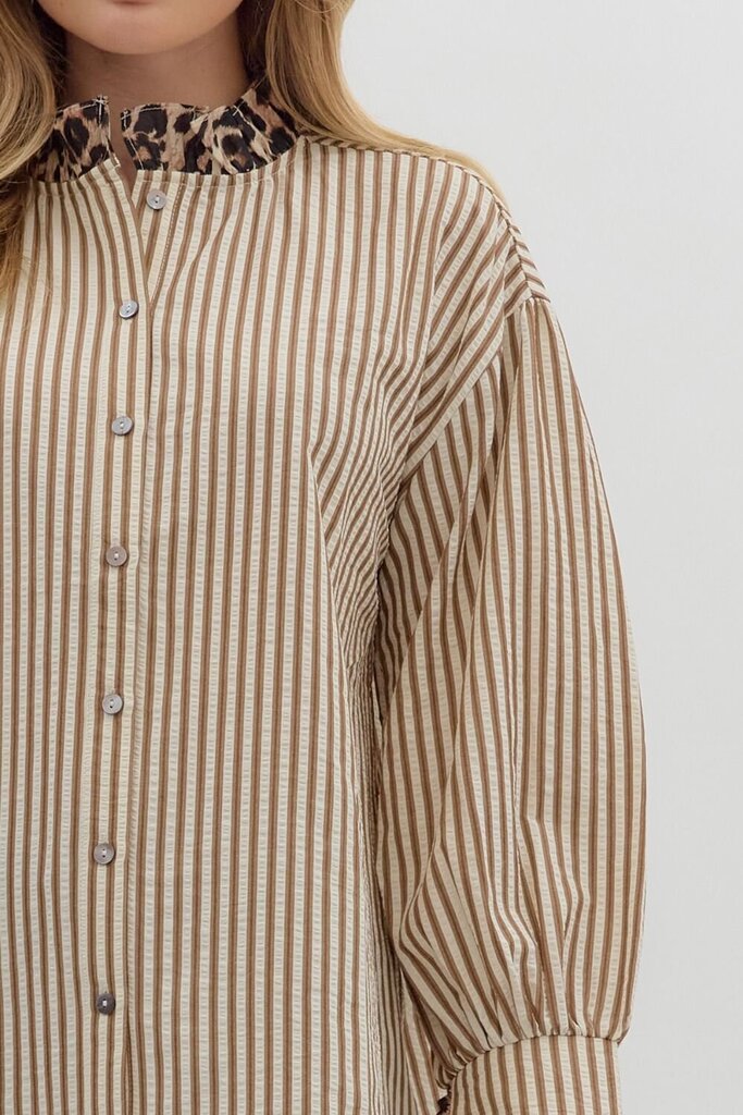 FERNANDA BROWN STRIPED TOP WITH LEOPARD TRIM