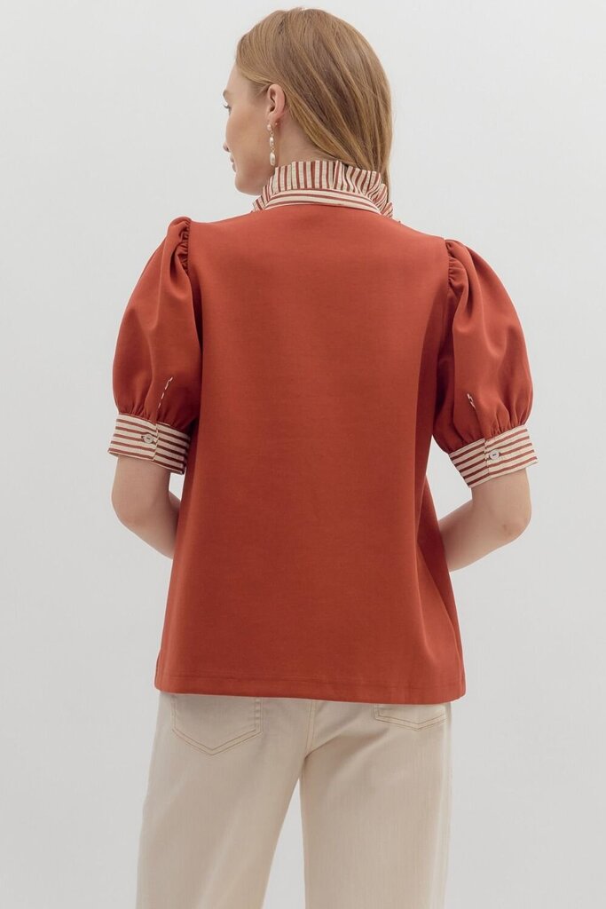 EMMY RUST POLO TOP WITH STRIPED TRIM