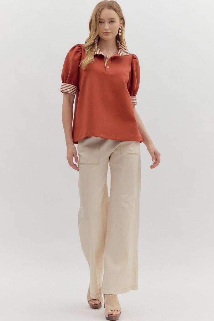 EMMY RUST POLO TOP WITH STRIPED TRIM