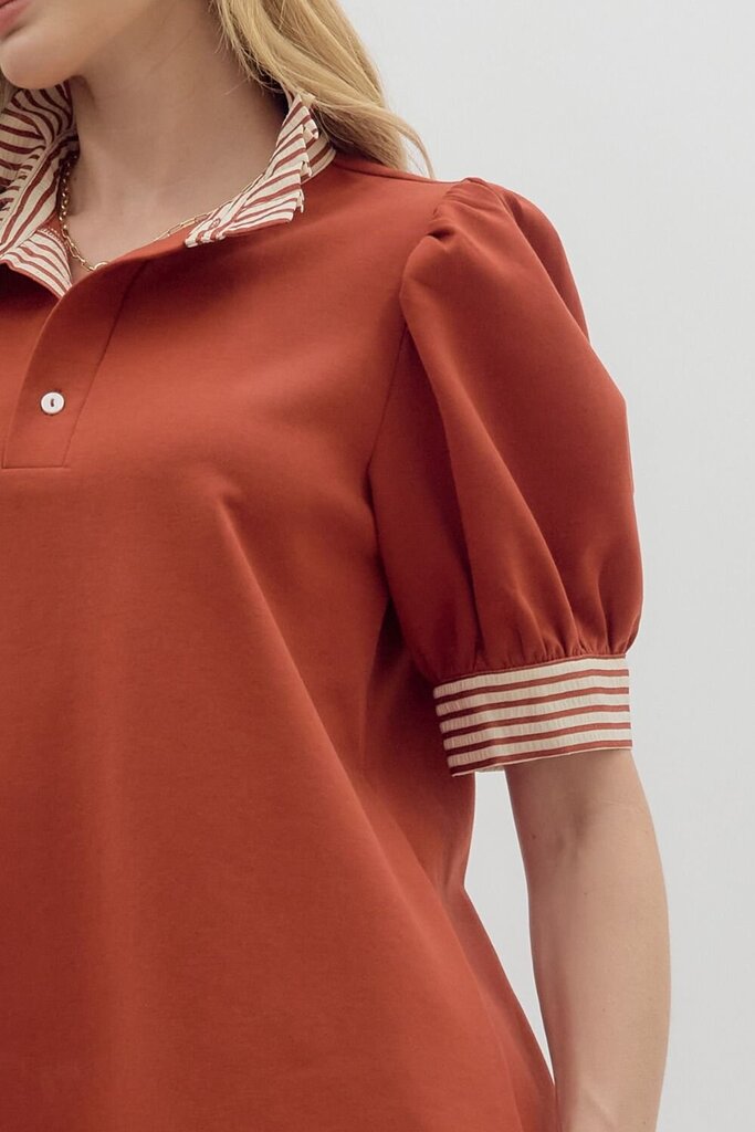 EMMY RUST POLO TOP WITH STRIPED TRIM