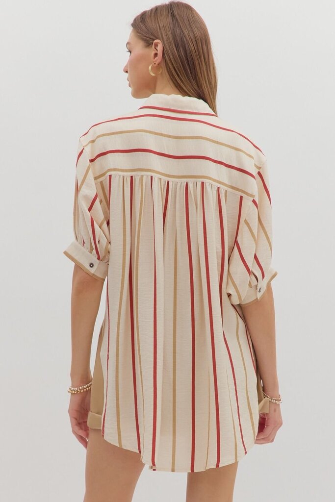 VIRGINIA RED & KHAKI STRIPED TOP