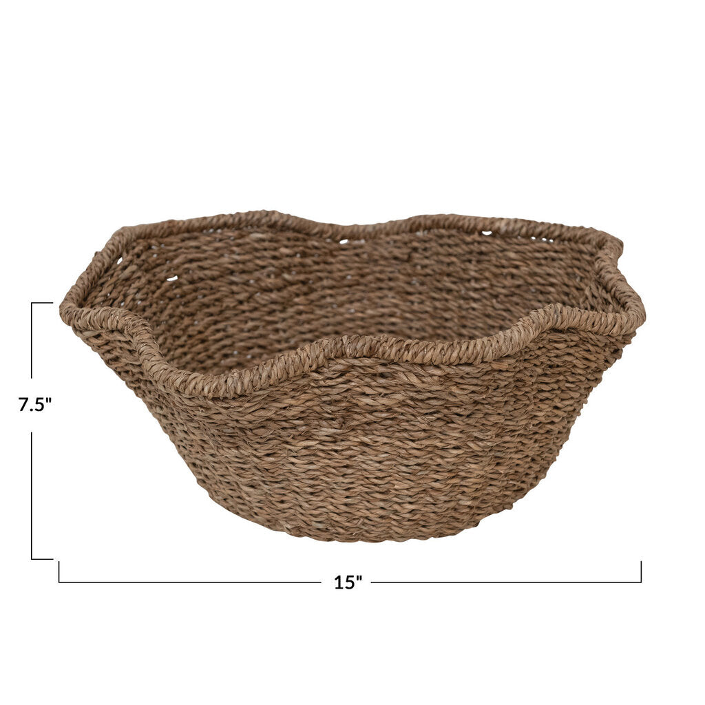 WOVEN BANKUAN & RATTAN RUFFLED BASKET