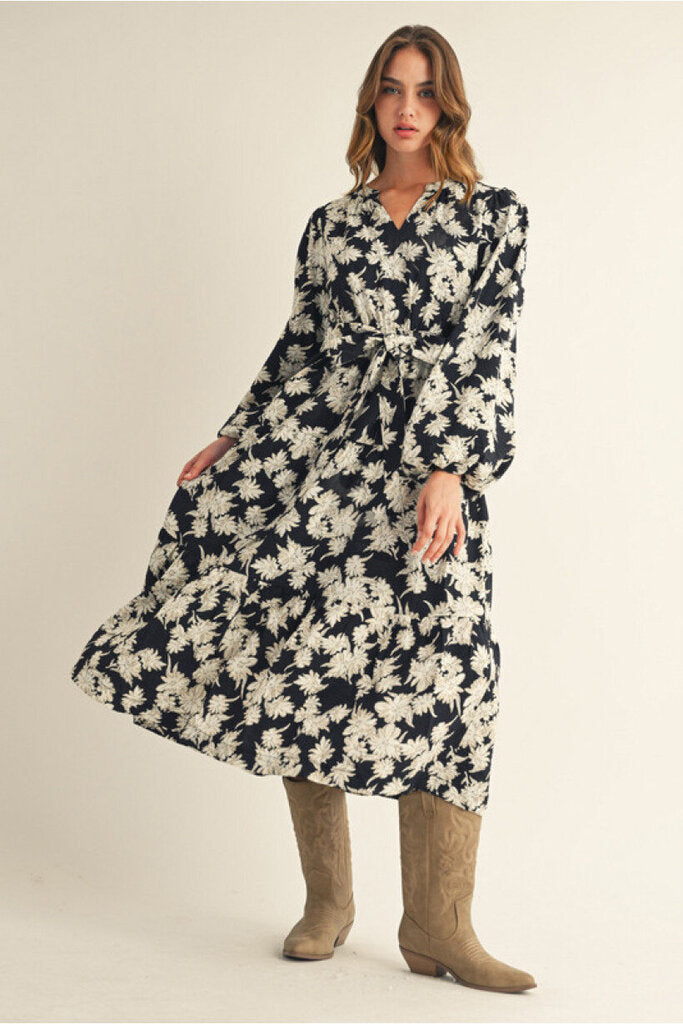 BEX BLACK FLORAL PRINT MIDI DRESS WITH BELT