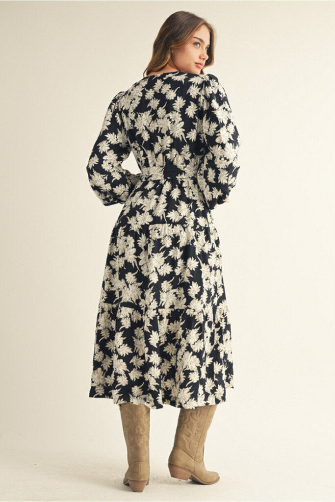 BEX BLACK FLORAL PRINT MIDI DRESS WITH BELT