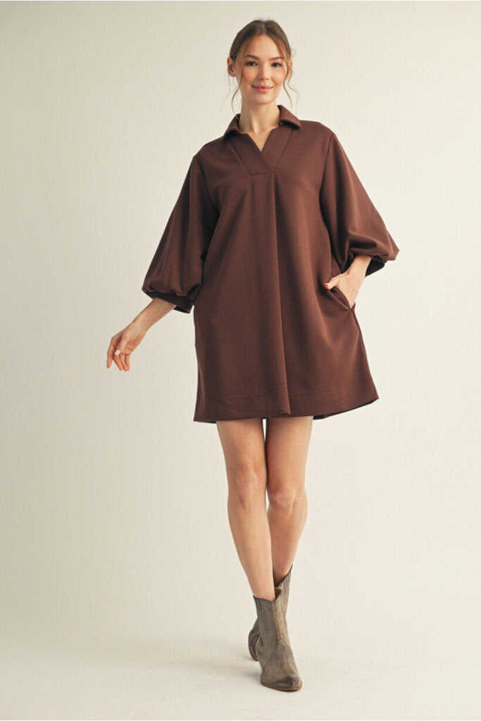 WANDA SOFT BROWN PUFF SLEEVE DRESS