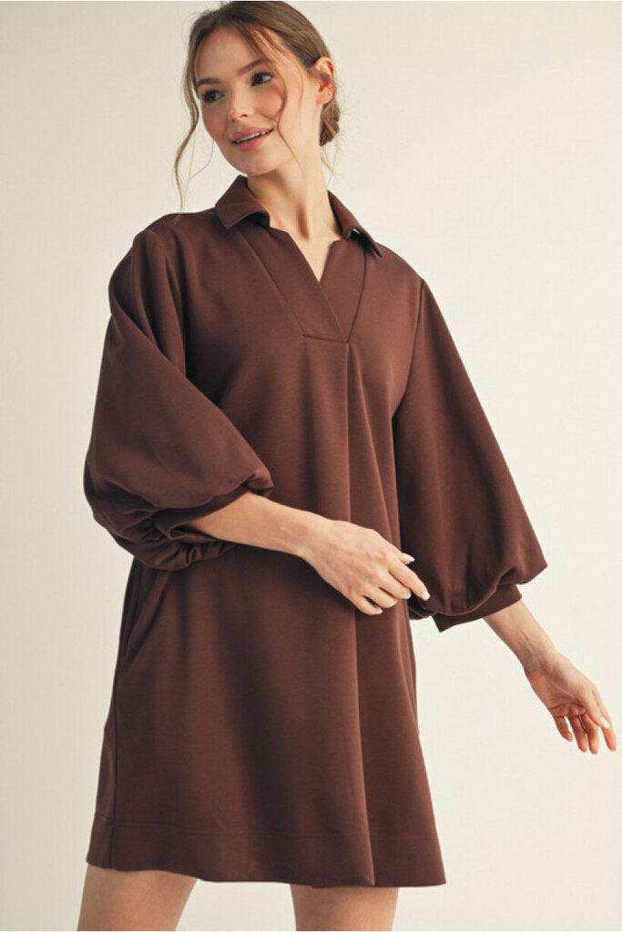 WANDA SOFT BROWN PUFF SLEEVE DRESS