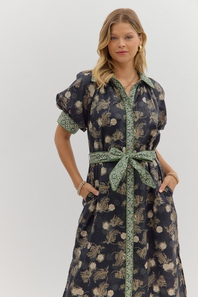 REMINGTON OLIVE & BLUE PRINT BELTED DRESS