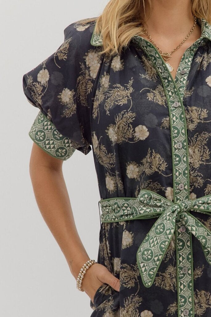 REMINGTON OLIVE & BLUE PRINT BELTED DRESS