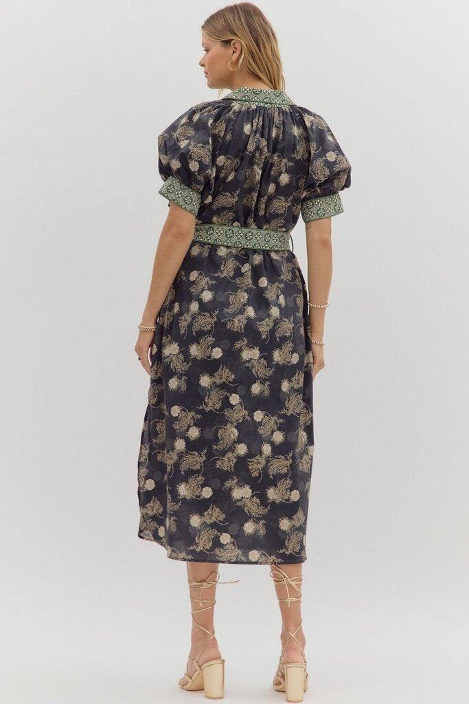 REMINGTON OLIVE & BLUE PRINT BELTED DRESS