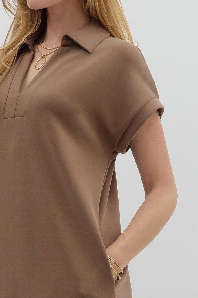 ELIANA COFFEE PULLOVER MIDI SHIRT DRESS