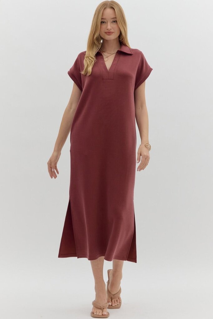 ELIANA BURGUNDY PULLOVER MIDI SHIRT DRESS