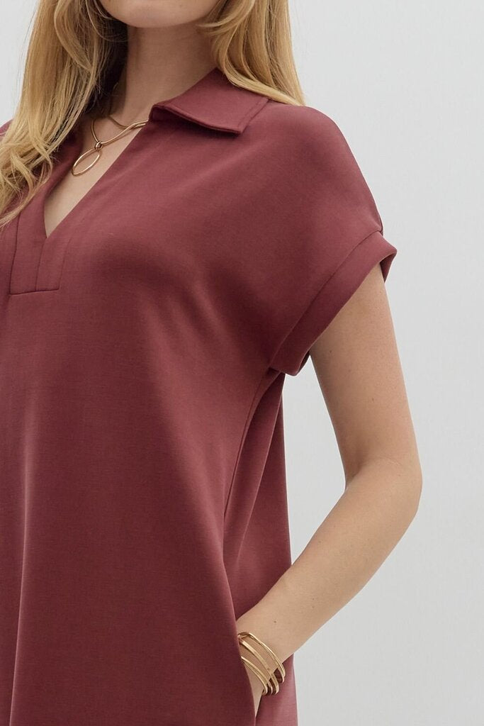 ELIANA BURGUNDY PULLOVER MIDI SHIRT DRESS