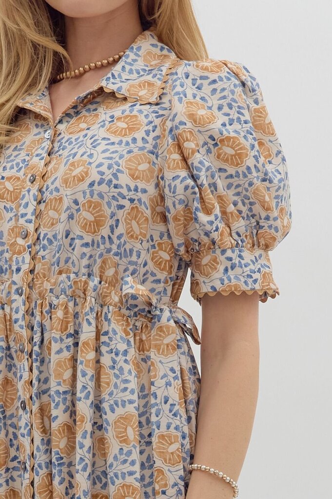 LEONA CAMEL FLORAL SCALLOP TRIM MIDI DRESS