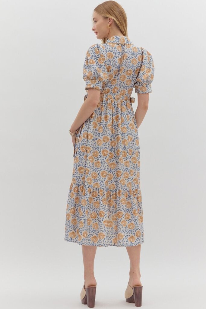 LEONA CAMEL FLORAL SCALLOP TRIM MIDI DRESS
