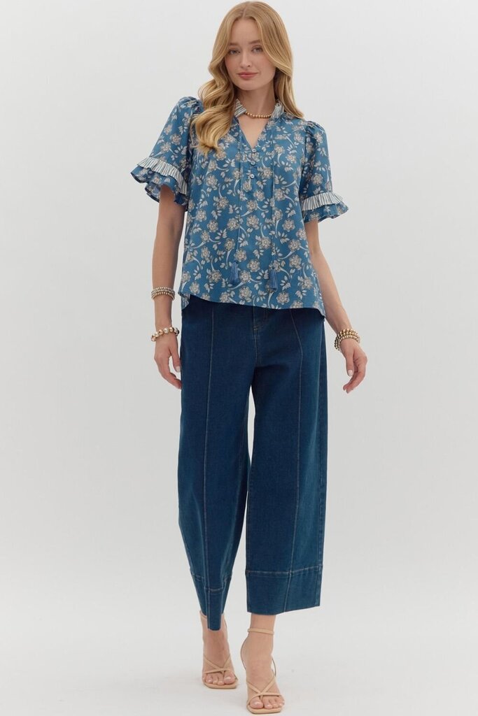 ASTRID BLUE FLORAL PUFF SLEEVE TOP