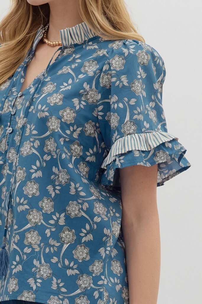 ASTRID BLUE FLORAL PUFF SLEEVE TOP