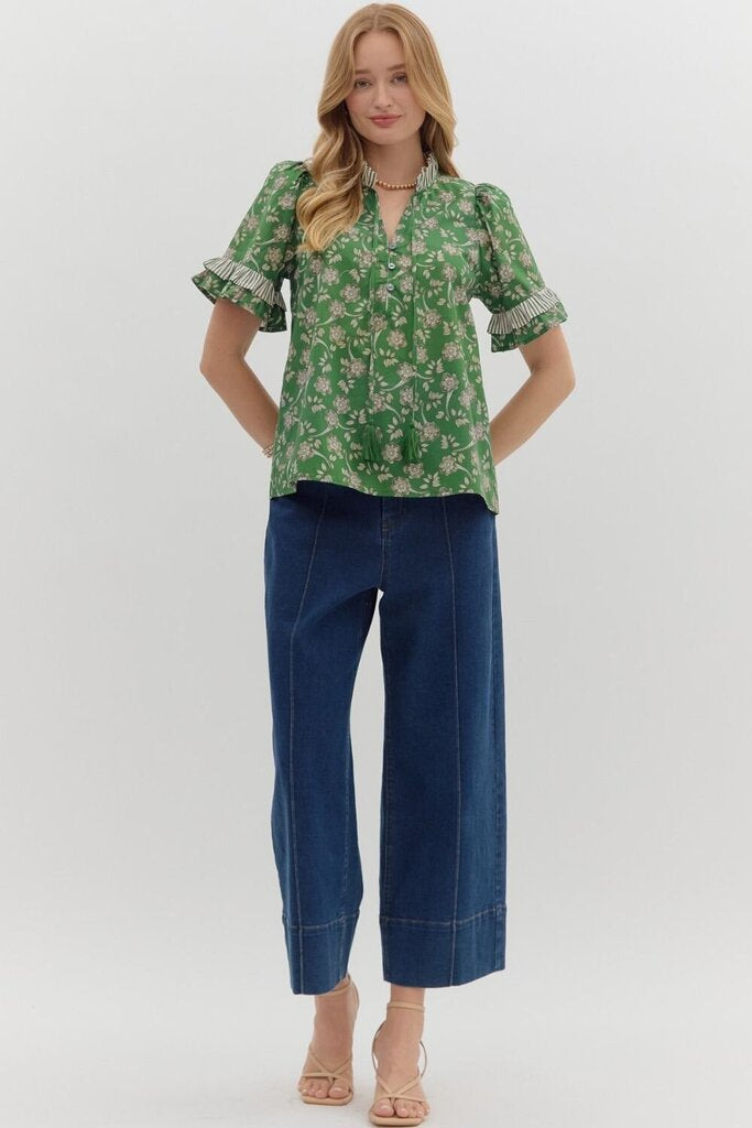 ASTRID GREEN FLORAL PUFF SLEEVE TOP