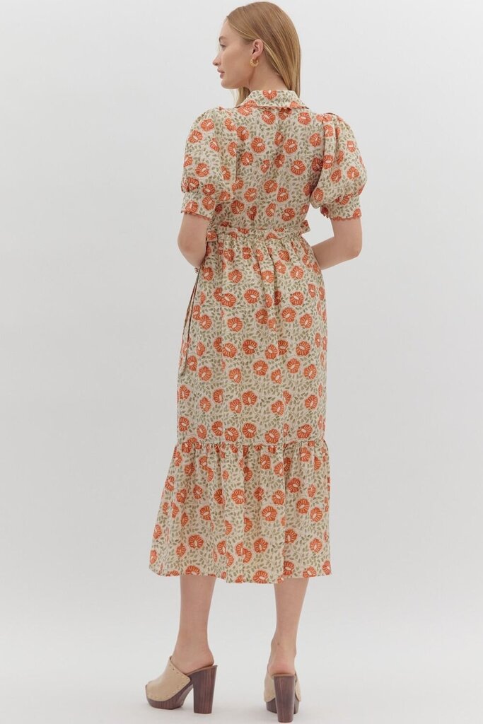 LEONA RUST FLORAL SCALLOP TRIM MIDI DRESS