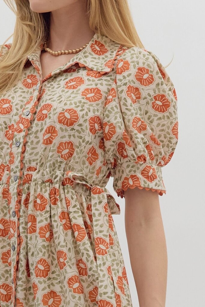 LEONA RUST FLORAL SCALLOP TRIM MIDI DRESS