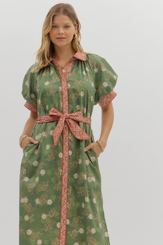 REMINGTON GREEN & RUST PRINT BELTED DRESS