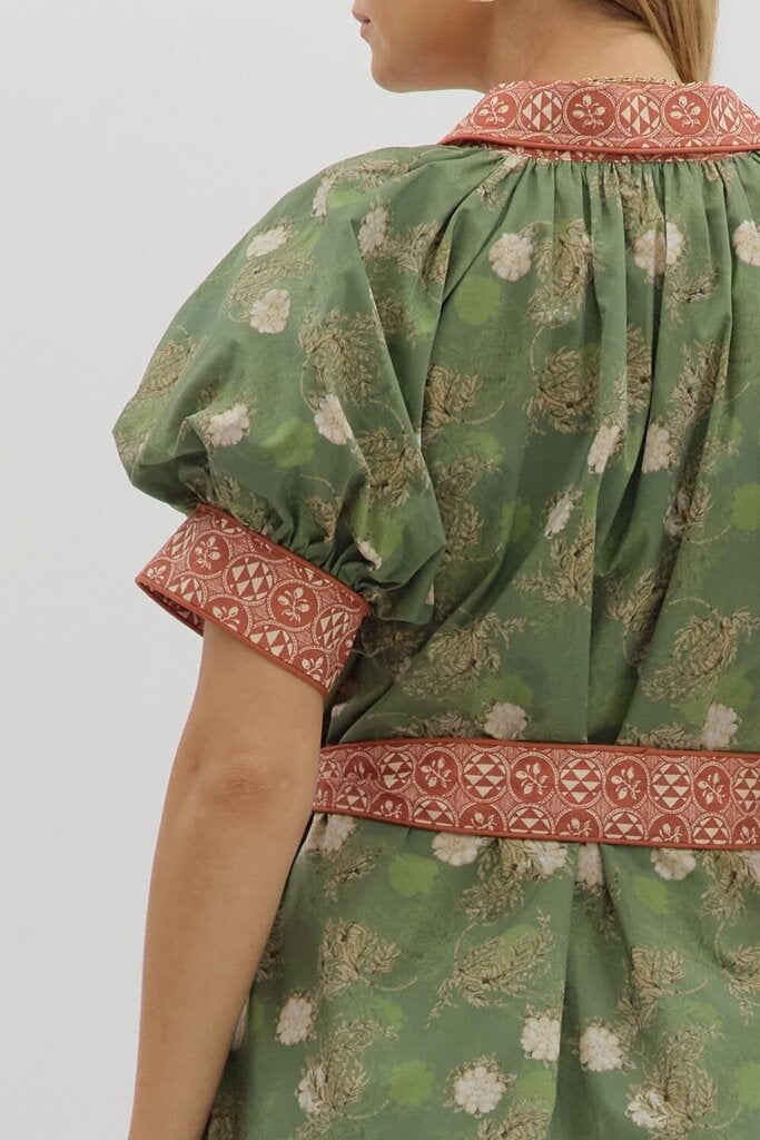 REMINGTON GREEN & RUST PRINT BELTED DRESS
