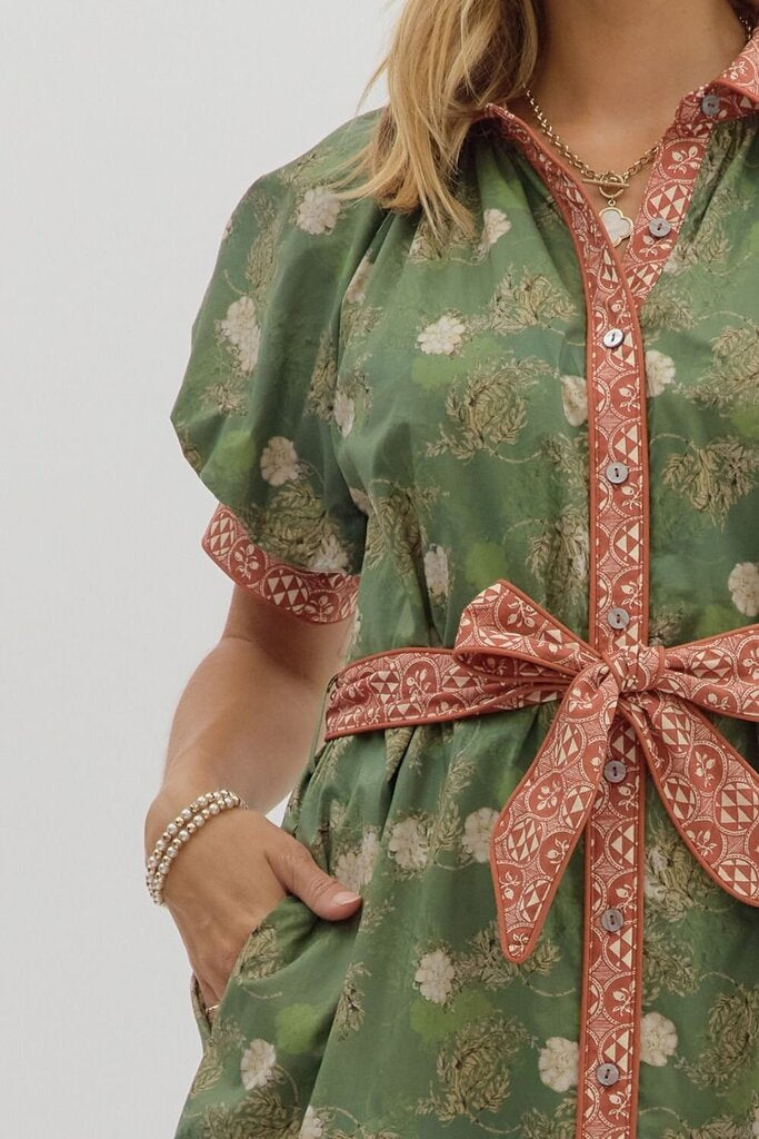 REMINGTON GREEN & RUST PRINT BELTED DRESS