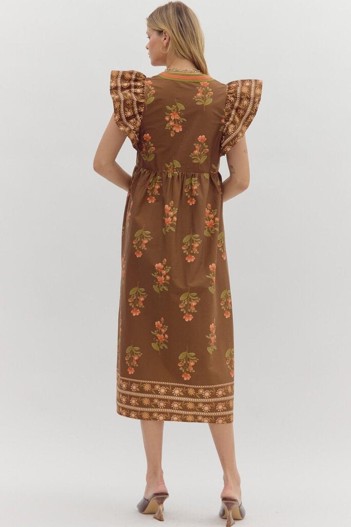 JENNIFER BROWN & ORANGE FLORLA MIDI DRESS